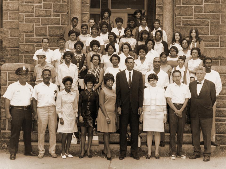 Early 1970s Dr. Burnett and Coppin staff photo in front of Connor Hall